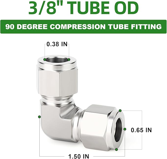 TAISHER 1PCS 316 Stainless Steel 90 Degree Compression Tube Pipe Fitting Connector, 3/8" Tube OD x 3/8" Tube OD Adapter