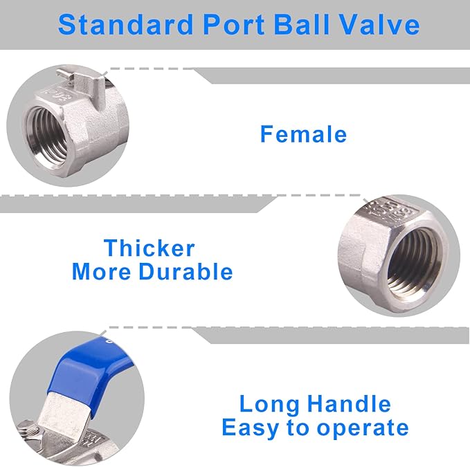 DERNORD Stainless Steel Ball Valve 1PC Type 0.25 Inch NPT Standard Port for Water, Oil, and Gas (Pack of 2)