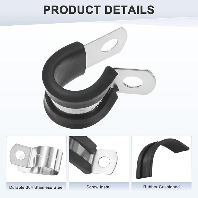 20-Pack Cable Clamps, 15/32 inch/ 12 mm 304 Stainless Steel Rubber Cushioned Insulated Cable Clamp R Shape Metal Holder for Tube/Wire/Pipe/Loop Installation