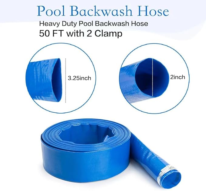 2" x50 FT, Pool Backwash Hose, Heavy-Duty PVC Hose, Lay Flat Discharge Hose, Weatherproof Burst Resistant for Water Transfer, Sump Pump, Pool Filter, Pool Drain，with 2 Clamps