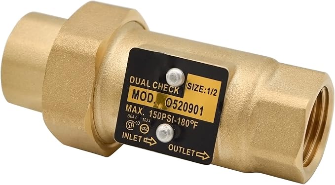 HYDRO MASTER Brass Dual Check Valve, 1/2" FNPT, Solid Brass, Max 150PSI-180°F