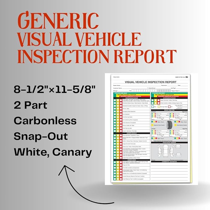 Visual Vehicle Inspection Report – 2-Part Carbonless Vehicle Checklist, Snap-Out Auto Service Forms, Fleet Maintenance Logs, Car Checkup Sheets - White & Canary 8.5"×11" - Pack of 1000