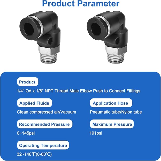 10 Pcs Push-to-Connect Fittings 1/4 Inch Tube OD x 1/8 Inch NPT Thread Pneumatic Male Elbow Quick Connect Air line fittings…