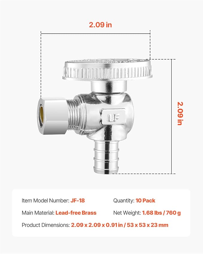 VEVOR 10 Pack Angle Stop Valve, Water Shut Off Valve 1/2" PEX x 3/8" OD Compression, 1/4 Turn Chrome Plated Brass Shutoff Valves for Bathroom Kitchen Toilet Shower Plumbing