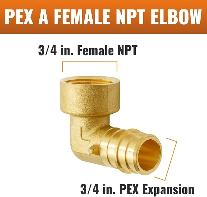 SUNGATOR 2-Pack PEX A Expasnion 3/4"x 3/4" Female NPT Elbow Threaded Adapter Brass Fitting, No Lead Brass, ASTM F1960 ONLY For Pex-A Tubing