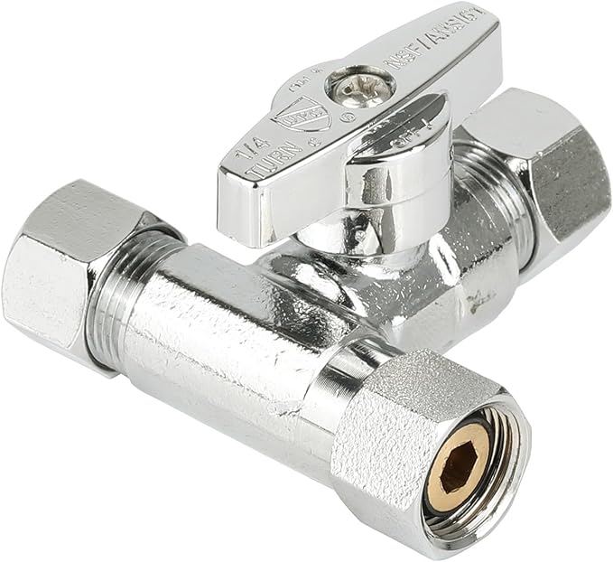 (Pack of 10) EFIELD 1/4-Turn Stop Tee Compression Stop Valve, 3/8" OD x 3/8" OD x 1/4" OD, Chrome Plated Brass, UPC Certified,(VALVE463-10PCS)
