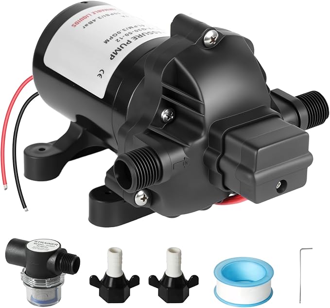 3 GPM RV Water Pump, 12V DC Diaphragm Pump with Automatic Pressure Switch 40-80PSI Adjustable, 3-Chamber, 1/2'' MNPT Port, for RV Yacht Food Truck Camper Marine,1 Pump + 1 Strainer,