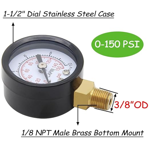 Pressure Gauge 0-150PSI 1/8" NPT Male Brass Bottom Mount 1-1/2" Dial Stainless Steel Case Include 1/2" NPT and 3/8" NPT Bushing Connector Universal Multifunctional