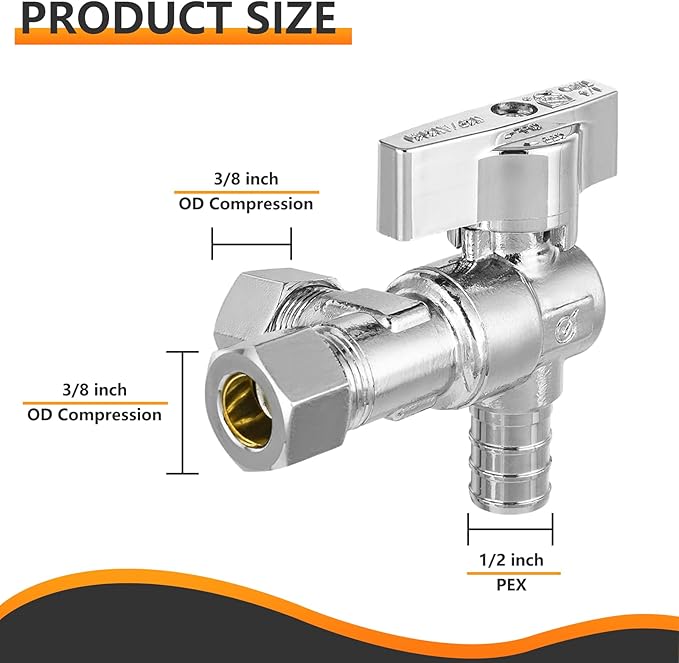 2-PCs HeSun Barb Crimp Inlet Angle Stop Valve, Quarter-Turn 1/2" PEX-B x 3/8" OD x 3/8" OD Compression, Dual Compression Outlet Shut Off Valve, PEX Chrome Plated Brass, ASTM F1807(VALVE200)