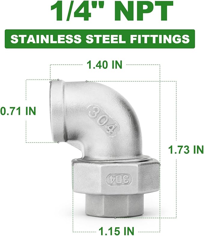 TAISHER 2PCS 304 Stainless Steel 90 Degree Elbow Union，1/4" NPT Female x 1/4" NPT Female Cast Pipe Fitting