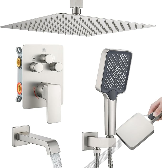 Bathtub Shower Faucet Set with Pressure Balance Valve, 12" Ceiling Mount Shower System with Tub Spout Multi-function Handheld Head Push Button Diverter Shower Trim Kit, Brushed Nickel