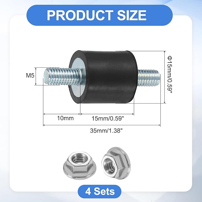uxcell 4Pcs M5 x 10mm Rubber Mounts, 15 x 15mm Cylindrical Anti Vibration Isolator Studs Shock Absorber Double Studs with Nuts for Car Bobbin Generator Air Compressors