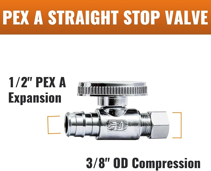 SUNGATOR 6-Pack Pex A Straight Stop Valve, 1/2" Pex A Expansion x 3/8" OD Compression, 1/4 Turn Chrome Plated Brass Shut Off Valve