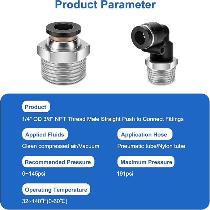 12 Pcs Push to Connect Fittings 1/4 Inch Tube OD x 3/8 Inch NPT Thread Pneumatic Male Straight and Elbow Quick Connect Air line fittings