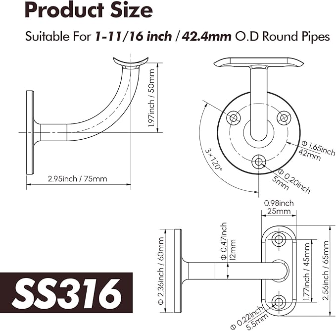 Hand Rail Bracket, 2 Pack Stainless Steel 316 Heavy Duty Hardware for 1-11/16 inch (42.4mm) Stairways, Home or Office Stair Support Handrail Brackets