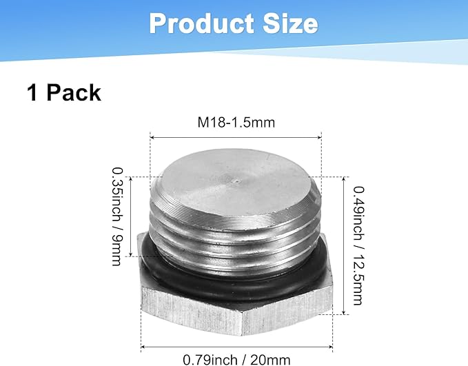 2-Pack Outer Hex Head Thread Pipe Plug Fitting, M18x1.5mm Male 304 Stainless Steel Solid Thread Bung Plug with Sealing Ring for Terminating Pipe Ends