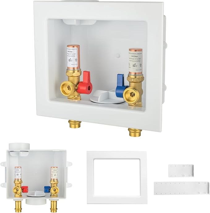 2-PACK GUOFIS Washing Machine Outlet Box with Copper Water Hammer Arrestor, PEX Laundry Washer Box with Central and Side Drain Design(1/2"Copper Press Connection Inlet X 3/4"MHT Outlet)(WM057-2Pack)
