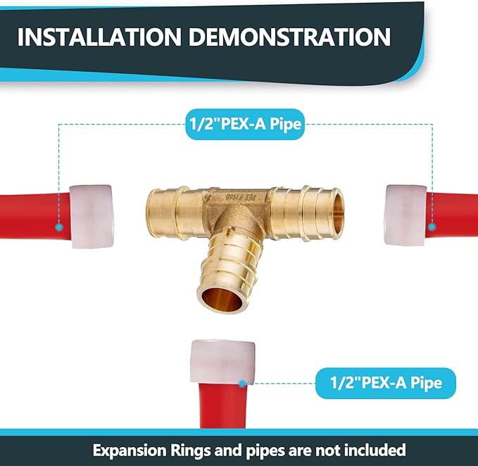 (50-Pack) Seelink PEX-A Expansion Fittings, 1/2" x 1/2" x 1/2" PEX-A Tee, Brass Expansion Pipe Fittings, for PEX Tubing Pipe Hose Fittings, ASTM F1960