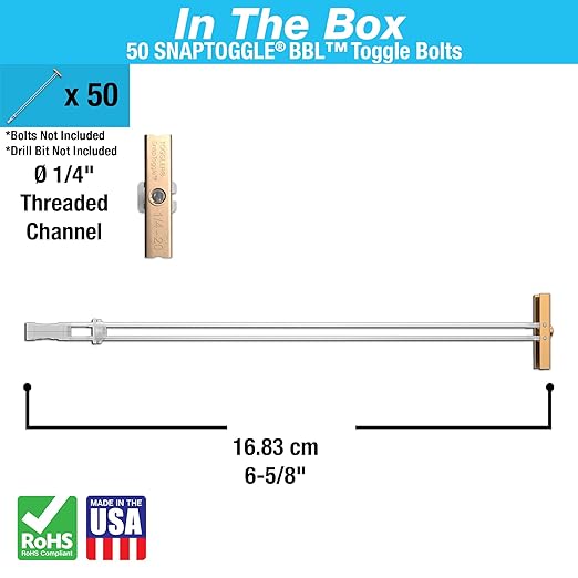 TOGGLER SNAPTOGGLE BBL Long Toggle Anchor, Zinc-Plated Steel Channel, Made in US, 2" to 9-1/2" Grip Range, For 1/4"-20 UNC Fastener Size (Pack of 50)