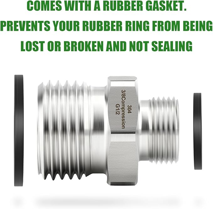 TAISHER 2PCS 304 Stainless Steel Reducer Faucet Adapter 1/2" G Thread (BSP) × 3/8" Compression Pipe Fitting for RV kitchen bathroom faucet supply line adapter with rubber gasket