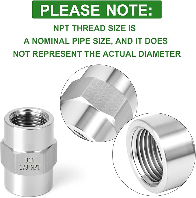 TAISHER 2PCS Forging of 316L Stainless Steel Pipe Fitting, Coupling, 1/8" NPT Female x 1/8" NPT Female, Pipe Adapter Fitting
