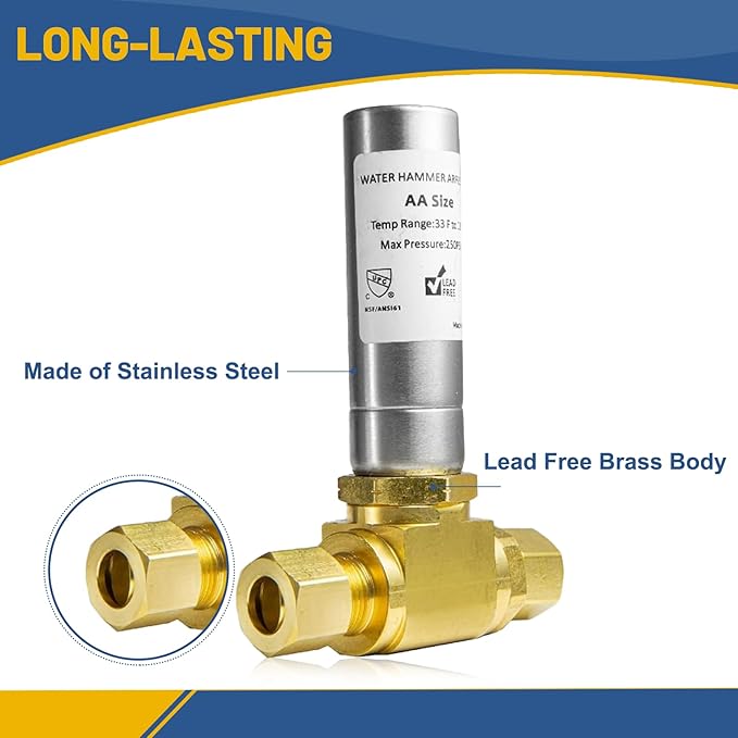 Water Hammer Arrestor,3/8" OD Comp. X 3/8" OD Tee Stainless Steel Water Arrestor,for Dishwasher Connection(1PACK,Stainless Steel Arrestor)(HAMMER013)