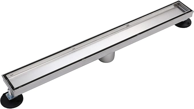 24 inch Linear Shower Drain with Removable Square Hole Panel by Using Brushed 304 Stainless Steel Process, Linear Drain Equipped with Adjustable Feet and Hair Strainer