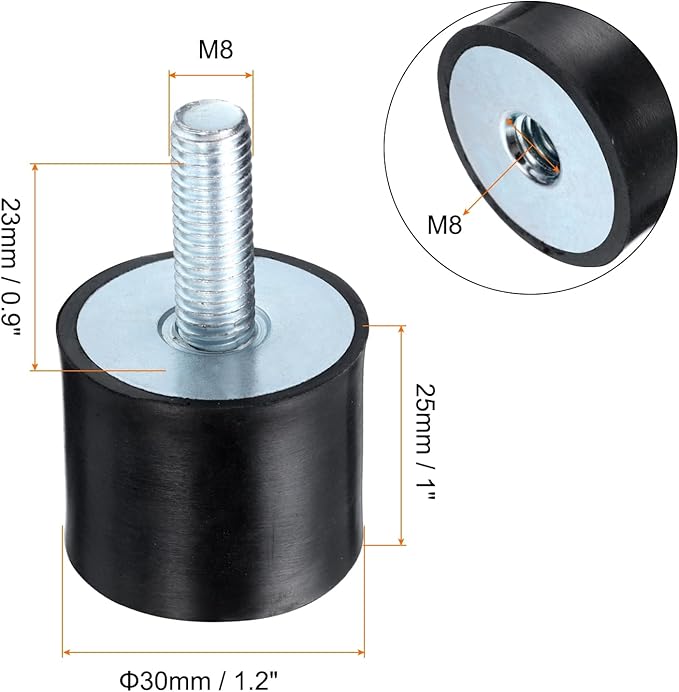 uxcell 2pcs M8x23mm Rubber Isolator Mounts with Studs 30x25mm Male Female Vibration Shock Absorber Zinc Plated Cylindrical Thread Mounts Anti Vibration Isolators with 2pcs M8 Lock Nuts