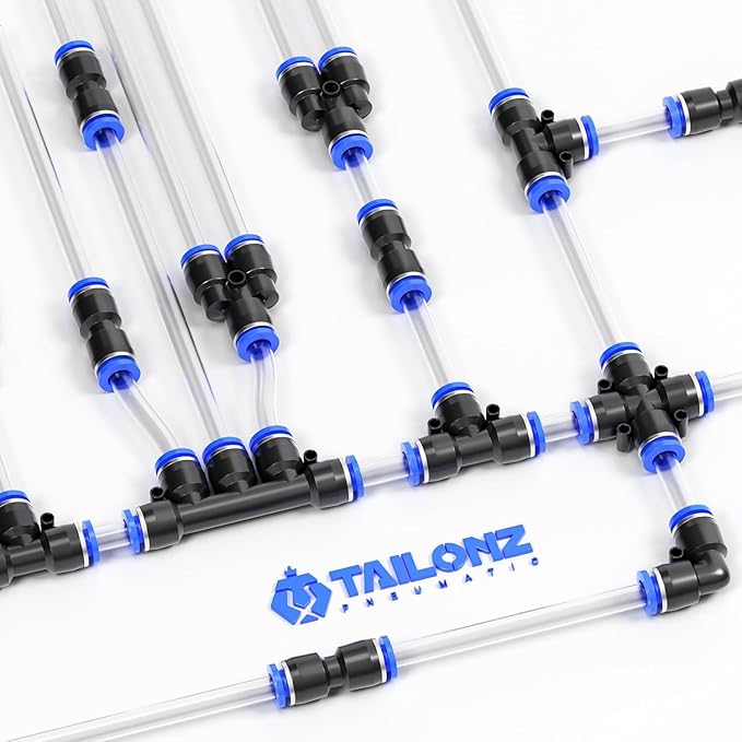 TAILONZ PNEUMATIC 1/4 Inch od Push to Connect Fittings Pneumatic Fittings Kit 12 Spliters+12 Elbows+12 tee+12 Straight +12 Male Straight NPT Thread (60 PCS)