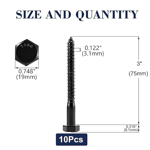 1/2" x 3" Hex Head Lag Screws Bolts 10Pcs 304 Stainless Steel 18-8, Partial Thread, Hexagon Head Wood Screws by Black Oxide by SG TZH
