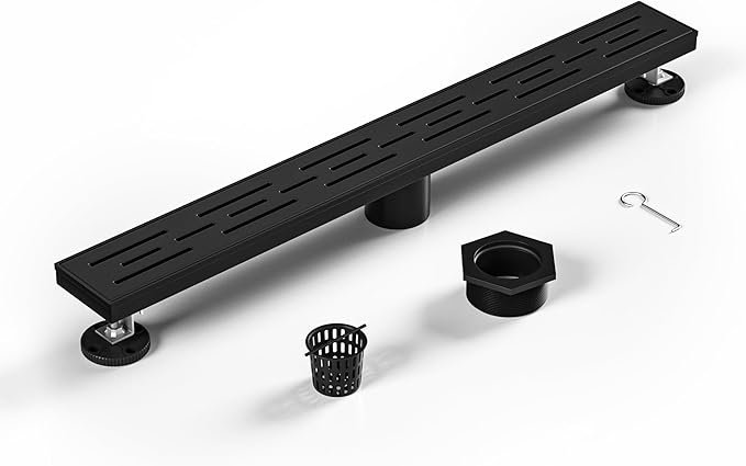 Linear Shower Drain 24" Matte Black 304 Stainless Steel | with Drain Grate| Fast Drainage | Stainless Floor Drain Grate | Hair Strainer | Drain Key | The Upgrade for Your Bathroom