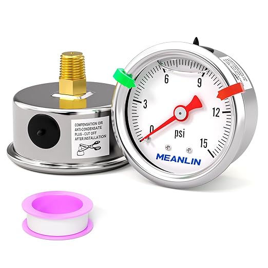 MEANLIN MEASURE 0~15Psi Pressure Gauge, Glycerin Filled 1/8" NPT 1.5" FACE DIAL, Stainless Steel Liquid Filled Pressure Gauge WOG Water Oil Air Back Mount (with 2PCS Snaps)