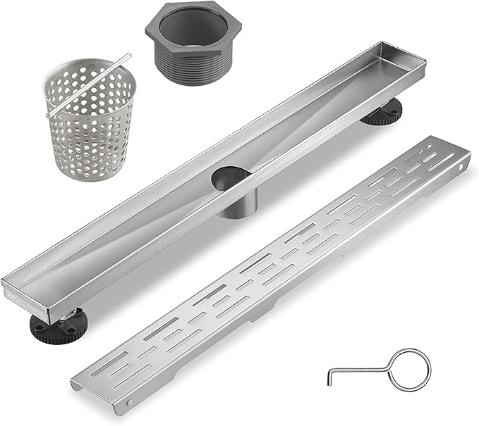 Linear Shower Drain, Brushed Nickel Shower Drain 32 Inch with Removable Grate, SUS-304 Stainless Steel Rectangle Floor Drain with Leveling Feet and Hair Strainer, Bathroom Modern Drain SD-101