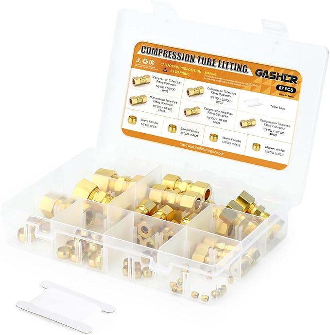 GASHER 67pcs Brass Compression Tube Pipe Fittings Assortment Kit, 1/8"1/4"3/8"1/2"5/8" Tube OD Compression Tube Pipe Fitting Connector&Sleeve Ferrules