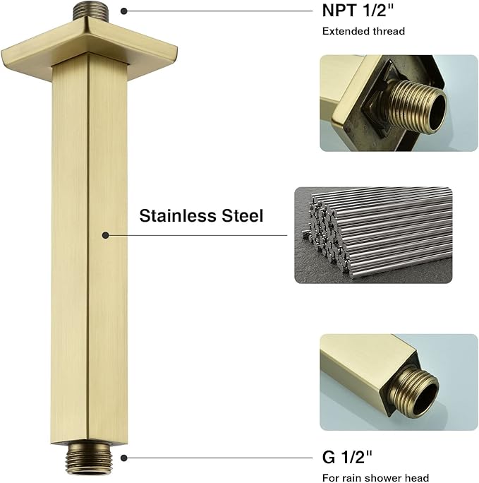 Brushed Gold Shower Arm with Flange 6 Inch Straight Stainless Steel Top Rainfall Shower Head Extension Pipe Square Shaped