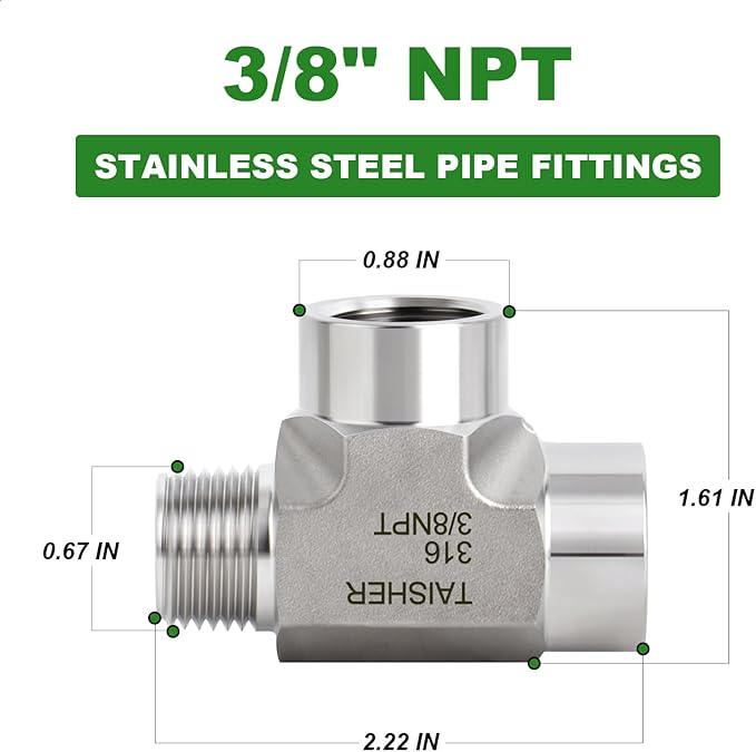 TAISHER 1PCS Forging of 316L Stainless Steel Tee Pipe Fittings, 3/8" NPT Female x 3/8" NPT Female x 3/8" NPT Male Pipe Fittings, Male Run Tee