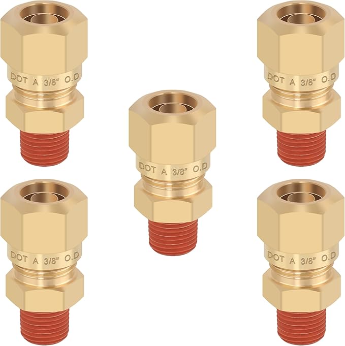 5PCS Air Brake Nylon Tubing Brass Union Straight Joint DOT Approved 3/8" Tube OD x 1/8" NPT Thread Air Line Adapter Air Suspension Kit for Truck Trailers and Air Brake System