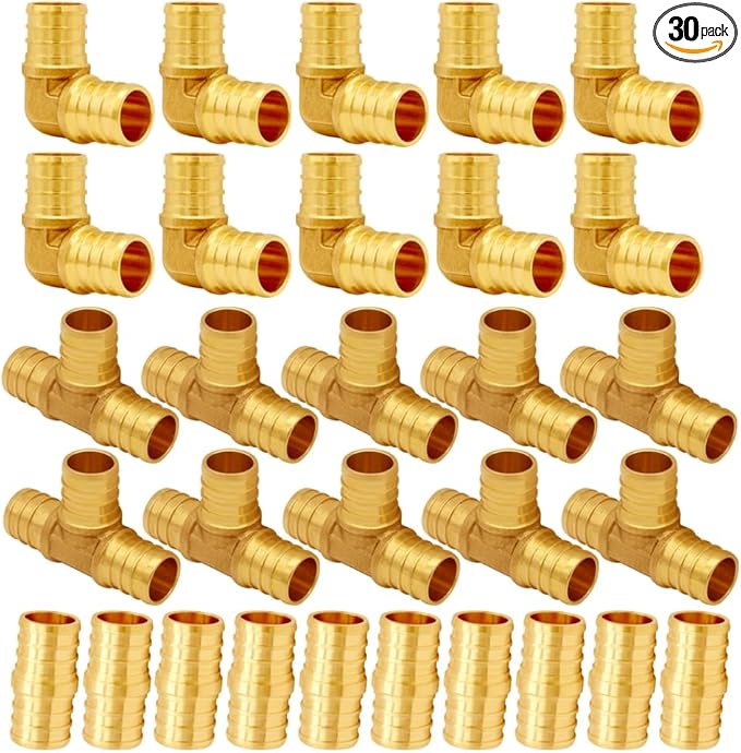 30PCS LF Brass 1/2 Inch PEX Coupling Barb Crimp Pipe Tube Fitting Kit (10PCS Straight + 10PCS Elbow + 10PCS Tee)