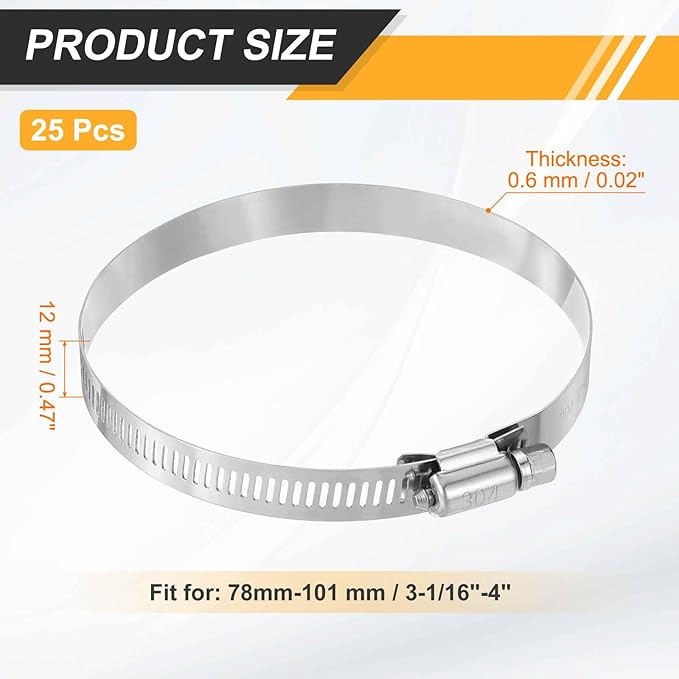 HARFINGTON 25 Pcs Hose Clamp 3-1/16"-4" (78-101mm) 304 Stainless Steel Adjustable Worm Gear Hose Clamp with Phillips Screw Assortment Kit for Fuel Line Pipe Plumbing Automotive Tube