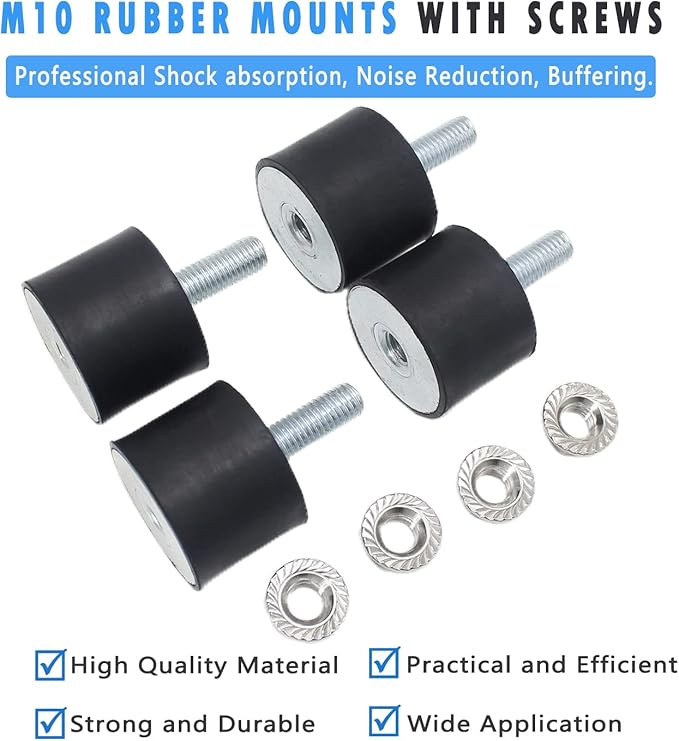 M10 Rubber Studs Shock Absorber Anti-Vibration Isolator Mounts, Rubber Cylindrical Vibration Isolation Mount for Air Compressors Garage Motor Diesel Engines with Non-Slip Nuts, 4 Pack Double Stud