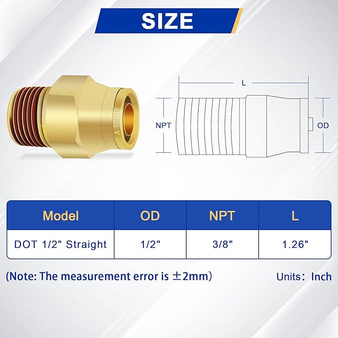 1/2" Brass Push to Connect DOT Air Brake Fittings, 3PCS Air Line Quick Connect Fittings 1/2" Tube OD x 3/8" NPT Connector Tube to Male Pipe for Truck Trailers Air Brake System