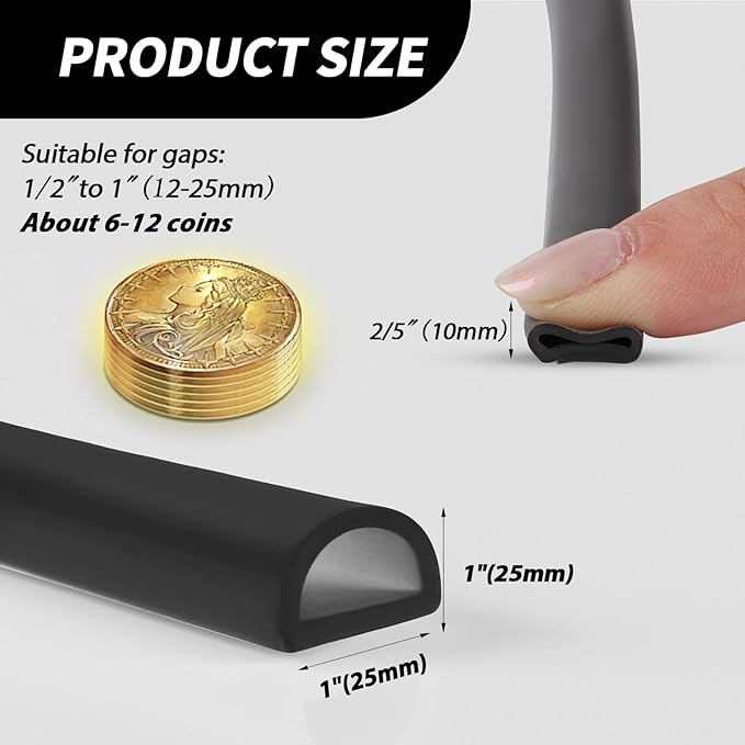 Silicone Weather Stripping Door Seal, 20FT Self Adhesive D Shaped Door Seal Strip for Door Frame, Door Insulation Strip Window Seal, W:1 in; H:1 in; 20Feet