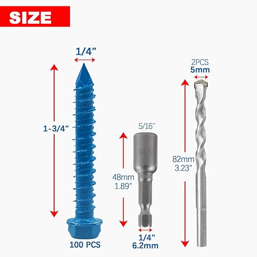 100Pcs 1/4" x1-3/4 Concrete Screws with Drill Bit, Hex Head Concrete Cement Screws Anchor Assortment Kit for Masonry, Block Brick or Stucco