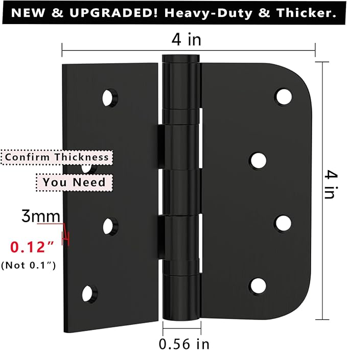 3 Pack Black Door Hinges, Heavy Duty Stainless Steel Hinges, 4in x 4in Exterior and Interior Door Hinges with Square & Round Corners, Removable Pin, for Residential Doors