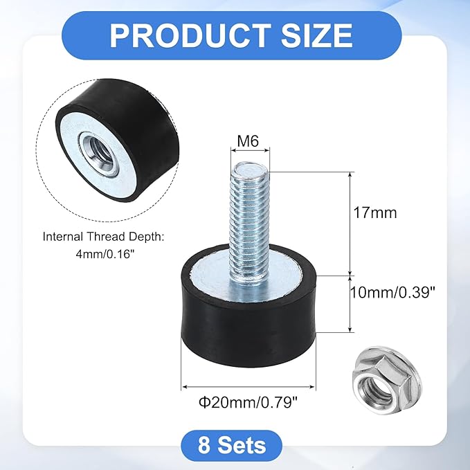 uxcell M6 Rubber Mounts, 8Pcs 20x10mm(DxH) Rubber Cylindrical Anti Vibration Isolator Shock Absorber with Lock Nut for Car Bobbin Generator Air Compressors