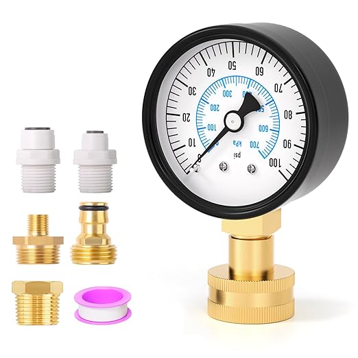 0-100PSI Water Pressure Gauge Kit, 2.5" Dial Size, 3/4" Brass Female Lower Mount, with Sealing Ring, Plus 5 adapters, for Checking Gardens, Water Pipes, Multiple Systems