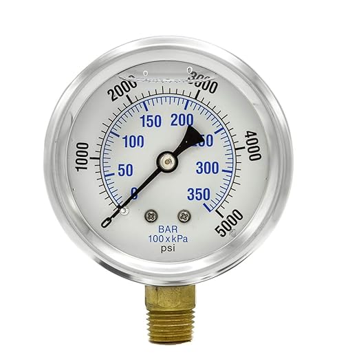 PIC Gauges PRO-201L-254R 0-5000 PSI Pressure Gauge, 2 1/2" Dial, 1/4" Male NPT Connection, Bottom Mount, Dual Scale, Glycerin Filled, Stainless Steel Case/Bezel, Brass Internals & Plastic Lens