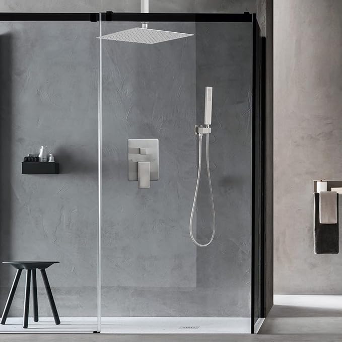 12 Inch Ceiling Mount Brushed Nickel Shower System Bathroom Luxury Rain Mixer Shower Combo Set Ceiling Rainfall Shower Head System (Contain Shower Faucet Rough-in Valve Body and Trim Kit)