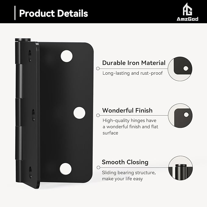 Door Hinges Matte Black - 30 Pack Black Door Hinges 3.5 Inch Rounded Interior Door Hinge with 1/4" Radius Corners - Black Hinges for Doors 3 1/2 Inches Flat Iron Residential Door Hardware