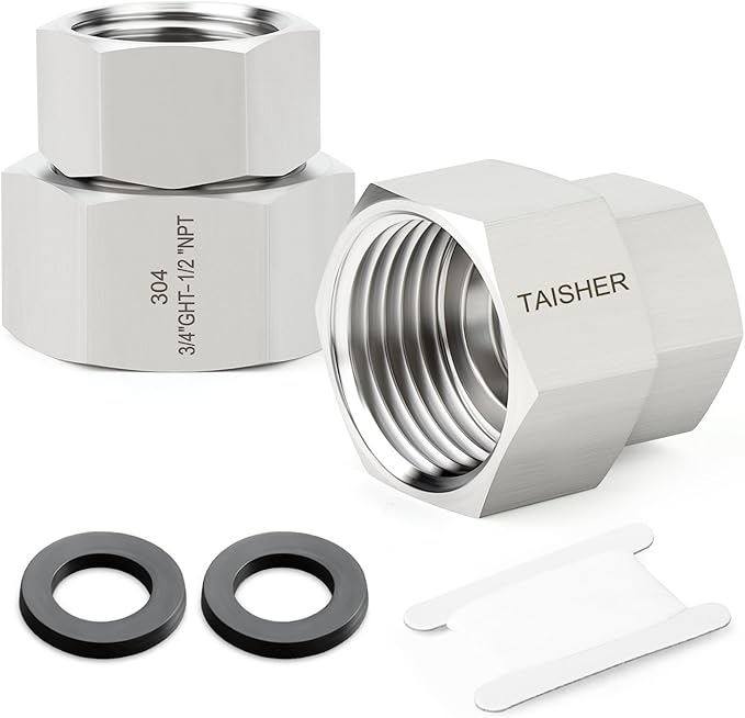 TAISHER 2PCS 304 Stainless Steel Garden Hose Adapter, 3/4" GHT Female x 1/2" NPT Female Garden Hose Connector with Washers
